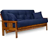 Stanford Futon Set - Full Size Futon Frame with Mattress Included (8 Inch Thick Mattress, Twill Navy Blue Color), Heavy Duty Wood, Popular Sofa Bed Choice