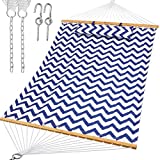Y- STOP 13.2FT Hammock with Pillow, Quilted Fabric Hammock with Chains and Hooks for Outdoor, Indoor, Double Solid Wood, for Two Person, Max 440 Lbs, Beige (Blue Wave)