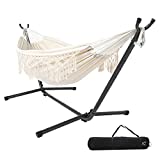 ONCLOUD Double Hammock with Stand Heavy Duty, Macrame Fringe Hammock with Stand Included Boho Balcony Hammock Handmade Tassels with Carrying Bag, Beige