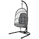 Giantex Hanging Egg Chair with Stand, Oudoor Indoor Foldable Swing Chair with Cushions, Rattan Hanging Basket Chairs with C Hammock Stand, Hanging Hammock Chair for Bedroom Balcony Patio (Grey)
