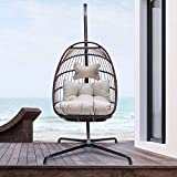 Patio Hanging Chair Swing Hammock Basket Egg Chairs UV Resistant Cushions with Aluminum Frame 350lbs Capaticy for Indoor Outdoor Backyard Balcony (Brown with Cover)
