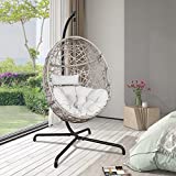 Iwicker Patio Wicker Egg Hanging Chair, Outdoor Rattan Hammock Swing Chair with Stand and Cushion for Bedroom Balcony Garden, Beige