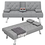 HIFIT Futon Sofa Bed, Upholstered Convertible Folding Sleeper Sofa with Removable Armrests, Modern Futon Couch for Living Room, Bedroom, 2 Cupholders, Metal Legs, Grey