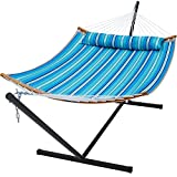 SUPERJARE Hammock with Stand, 2 Person Heavy Duty Hammock Frame, Detachable Pillow & Strong Curved-Bar & Portable Carrying Bag, Perfect for Outdoor & Indoor - Aqua Blue