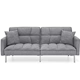 Best Choice Products Convertible Linen Fabric Tufted Split-Back Plush Futon Sofa Furniture for Living Room, Apartment, Bonus Room, Overnight Guests w/ 2 Pillows, Wood Frame, Metal Legs - Dark Gray