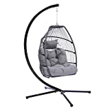 NA Outdoor Patio Wicker Folding Hanging Chair,Rattan Swing Hammock Egg Chair with C Type Bracket, with Cushion and Pillow