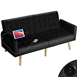 TYBOATLE Modern Faux Leather Convertible 2 USB Folding Futon Sofa Bed, 65' Loveseat Couch, Loveseats Furniture for Small Space Configuration, Apartment, Dorm, Living Room, Office (Black)