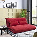 Adjustable Floor Sofa Bed with 2 Pillows, Folding Futon Couch Leisure Lazy Sofa with 5 Reclining Position, Suede Floor Sofa for Reading or Gaming in Bedroom/Living Room/Balcony,Red
