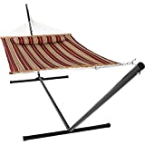 Sunnydaze 2 Person Freestanding Quilted Fabric Spreader Bar Hammock with 15-Foot Stand-Includes Detachable Pillow, 400 Pound Capacity, Red Stripe