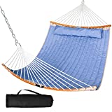 SUNCREAT Portable Folding Hammock with Curved Bamboo Spreader Bar, Carrying Bag, Large Outdoor Double Hammock for Patio, Garden, Backyard, Porch, Blue