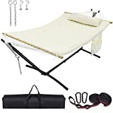 Double Hammock with Stand Portable, 550lbs Capacity, Extra Large Two Person Hammock Rope Hammock with Spreader Bar, Removable Cotton Pad & Pillow, Extra Tree Straps Carabiners for Outdoor, White