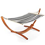 Wooden Hammock with Stand Outdoor Spreader Bar Hammock with Stand Arc Hammock Bed Chair with Stand for Single Person 250 lb Capacity (Beige and Blue)