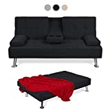 Best Choice Products Linen Upholstered Modern Convertible Folding Futon Sofa Bed for Compact Living Space, Apartment, Dorm, Bonus Room w/Removable Armrests, Metal Legs, 2 Cupholders - Black