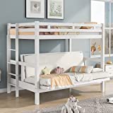 Twin Over Full Bunk Bed, Wood Futon Bunk Bed Can Separate Two Beds, Down Bed Can Convertible Couch and Bed, Bunk Bed Frame Built-in Ladder for Kids, Teens, Adults (White)