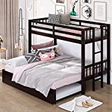 Solid Wood Twin Over Twin/Queen Bunk Bed with Trundle and Stretchable Down Bed, Accommodate 4 People Extendable Bunk Beds with Ladder and Safety Rail for Kids, Teens, Bedroom Furniture (Espresso+QB)