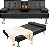 YESHOMY Futon Sofa Bed Modern Faux Leather Convertible Folding Lounge Couch for Living Room with 2 Cup Holders, Removable Soft Armrest and Sturdy Metal Leg, Black