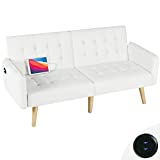 TYBOATLE Modern Faux Leather Upholstered Convertible USB Folding Futon Sofa Bed, 65' Loveseat Couch, Love Seats Furniture for Small Space Configuration, Apartment, Dorm, Living Room, Office, White