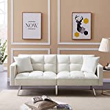 Velvet Convertible Futon Sofa Bed with Two Pillows, Modern Upholstered Sleeper Sofa Couch with 3 Adjustable Backrests and 6 Solid Metal Legs, Twin Size Loveseat Recliner for Living Room (Off White)
