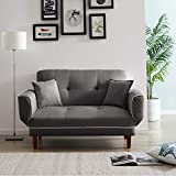 Convertible Futon Sofa Bed with 2 Pillows, Small Loveseat Sleeper Sofa Futon Couch, Recliner Couch with Adjustable Armrest and Wood Legs, Living Room Sofa with 5-Angle Backrest for Small Space (Grey)