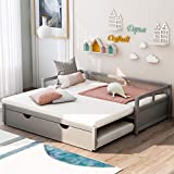 Daybed with Trundle , Twin to King Design Sofa Bed, Wooden Extendable Bed Daybed for Bedroom Living Room, Gray