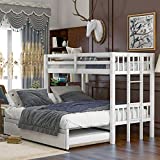 Twin Over Twin/ Full/ King Bunk Bed with Trundle, Convertible Down Bed, Pull-Out Multi-Functional Bunk Bed for 4 People , Wooden Bunk Bed with Ladder and Safety Rail , White