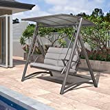 PURPLE LEAF Modern Patio Swing Chair with Canopy Outdoor Deluxe 2 Person Yard Hammock Swing w/Solar LED Light and Cushions for Backyard Glider Outside Loveseat Bench Porch Swinging Chairs, Grey