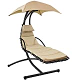 Sunnydaze Floating Chaise Lounger, Outdoor Hanging Hammock Patio Swing Chair with Canopy and Arc Stand, Beige