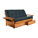 Lakeshore Complete Futon - Drawers, Frame and Mattress Set - Arm Tray 8' Innerspring Queen Size Sofa Under Bed Storage Lounger (Navy, Queen)