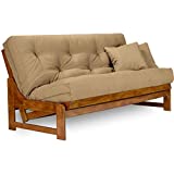 Arden Futon Set - Full Size Futon Frame with Mattress Included (8 Inch Thick Mattress, Twill Khaki Color), Heavy Duty Wood, Popular Sofa Bed Choice