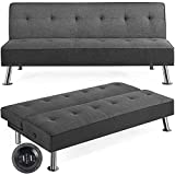 Yaheetech Modern Convertible Futon Sofa Bed w/ 2 Integrated USB Charging Ports Fabric Loveseat Couch Metal Legs, 3 Angles Adjustable Back for Compact Living Space, Apartment, Dorm, Bonus Room Gray