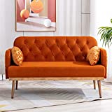 55-inch Small Velvet Couch with Elegant Moon Shape Pillows, Twin Size Loveseat Accent Sofa with Golden Metal Legs, Living Room Sofa with Tufted Backrest, 600 Pounds Weight Capacity, Orange