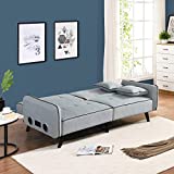 Convertible Futon Sofa Bed with Bluetooth Speaker, Modern Linen Upholstered Sleeper Loveseat Couch Home Furniture with Adjustable Backrest and 2 Pillows for Living Room, Bedroom, Office (Grey)