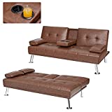 POWERSTONE Leather Futon Sofa Bed Convertible Folding Couch for Living Room Sectional Sleeper Sofa for Small Space with Cup Holder and Removable Armrest Brown