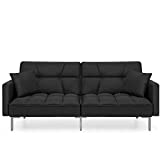 Best Choice Products Convertible Linen Fabric Tufted Split-Back Plush Futon Sofa Furniture for Living Room, Apartment, Bonus Room, Overnight Guests w/ 2 Pillows, Wood Frame, Metal Legs - Black