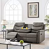 Pannow Double Recliner Loveseat with Console Slate, Double Reclining Sofa with Cup Holder, 3-Seater with Flipped Middle BACKREST Black PU, Theater Seating Furniture Sofa Bed, Gray PU