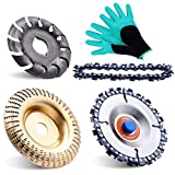 5 Pieces Angle Grinder Disc Set, Wood Carving disc Wheel 12 Teeth Wood Polishing Shaping Disc and Replacement Chain, Grinder Chain Disc for Woodworking Sanding Carving Grinding Wheel Tool with Gloves