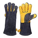 KIM YUAN Extreme Heat/Fire Resistant Gloves Leather with Kevlar Stitching, Mitts Perfect for Welding/Oven/Grill/BBQ/Mig/Fireplace/Stove/Pot Holder/Tig Welder/Animal Handling, (14in-greay)
