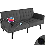 TYBOATLE 65“ Modern Fabric Linen Upholstered Convertible 2 USB Prots Folding Futon Couch Sofa Bed, Foldable Loveseat Furniture for Compact Small Space, Dorm, Living Room Apartment, Office (Dark Grey)