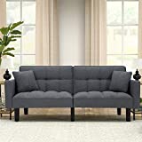HOMHUM Modern Linen Convertible Futon Sofa Bed Folding Couch Recliner Adjustable Back with Arm Set for Living Room, Grey
