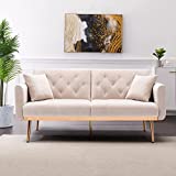 Velvet Futon Sofa Bed,Modern Tufted Fabric Couch with 2 Soft Pillows, Modern Loveseat Convertible Sleeper Sofa for Living Room and Bedroom,Beige