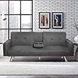 AWQM Futon Sofa Bed Upholstered Modern Convertible Sofa Couch Sleeper, Metal Leg and 2 Cup Holders, Memory Foam Cushion Living Room Furniture Home Recliner, Dark Grey
