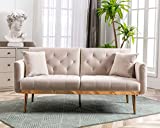 Velvet Futon Sofa Bed with 3 Adjustable Positions, Small Sleeper Sofa Loveseat with 2 Decorative Pillows, Modern Upholstered Convertible Couch with 5 Metal Tapered Legs (Beige)