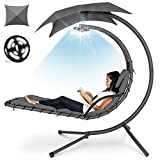 Best Choice Products Hanging LED-Lit Curved Chaise Lounge Chair Swing for Backyard, Patio, Lawn w/ 3 Light Settings, Weather-Resistant Pillow, Removable Canopy Shade, Steel Stand - Gray