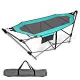 Giantex Portable Folding Hammock, Lounge Camping Bed with Hammock Stand, Indoor & Outdoor Hammock w/ Side Pocket, Anti-tip Buckles & Iron Stand for Camping Outdoor Patio Yard Beach (Turquoise)