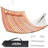 Zupapa Quilted 2 Person Hammock Curved Bamboo Hammock with Pillow, Heavy-Duty Double Hammock Swing Bed for Backyard Patio, Carrying Bag Included