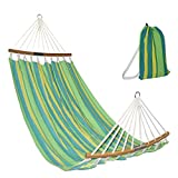 HENG FENG Brazilian Double Hammock 2 Person Cotton Fabric Hammock with Curved Bamboo Spreader Bars and Carrying Bag for Patio Porch Garden Backyard Outdoor and Indoor Use, Lemon Yellow and Green