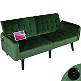 TYBOATLE 65' W Velvet Modern Convertible Folding Futon Couch Sofa Bed w/ 2 USB Charging Ports and arms, Loveseat for Compact Living Space, Dorm, Game Studio, Bonus Room, Apartment, Bedroom (Green)