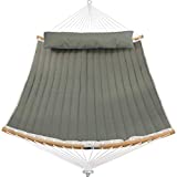 Patio Watcher 11 Feet Quilted Fabric Hammock with Curved-Bar Bamboo and Detachable Pillow, Double Hammock Perfect forOutside Outdoor Patio Yard Beach, Dark Green
