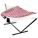 Lazy Daze Hammocks Double Outdoor Hammock with 12FT Steel Stand, 2 Person Cotton Rope Hammock with Quilted Pad, Spreader Bars, Detachable Pillow, Mag Bag & Cup Holder, Red/White Stripes