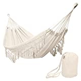 ONCLOUD Boho Large Brazilian Fringed Macramé Double Deluxe Hammock Swing Bed with Carry Bag for Patio, Porch, Bedroom, Yard, Beach, Indoor, Outdoor & Wedding Party Decor, Beige